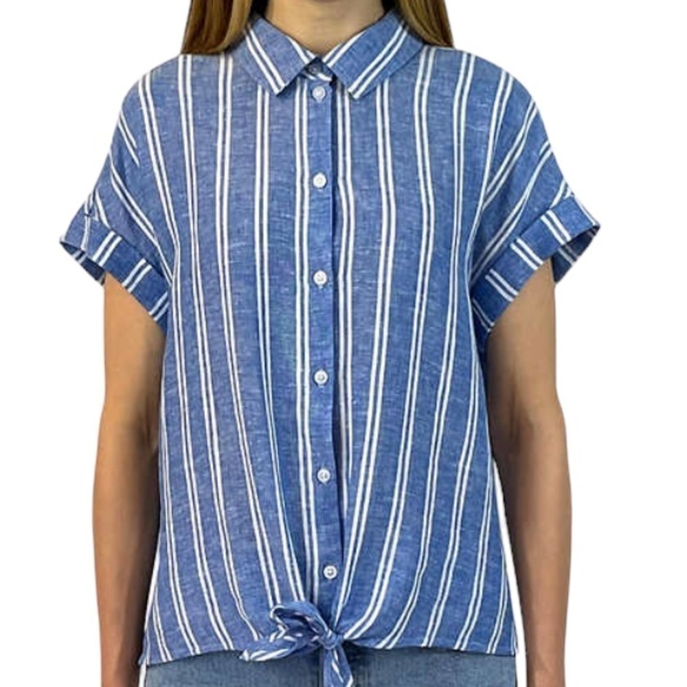 JACHS Girlfriend Blue White Striped Linen Blend Tie Front Shirt Medium